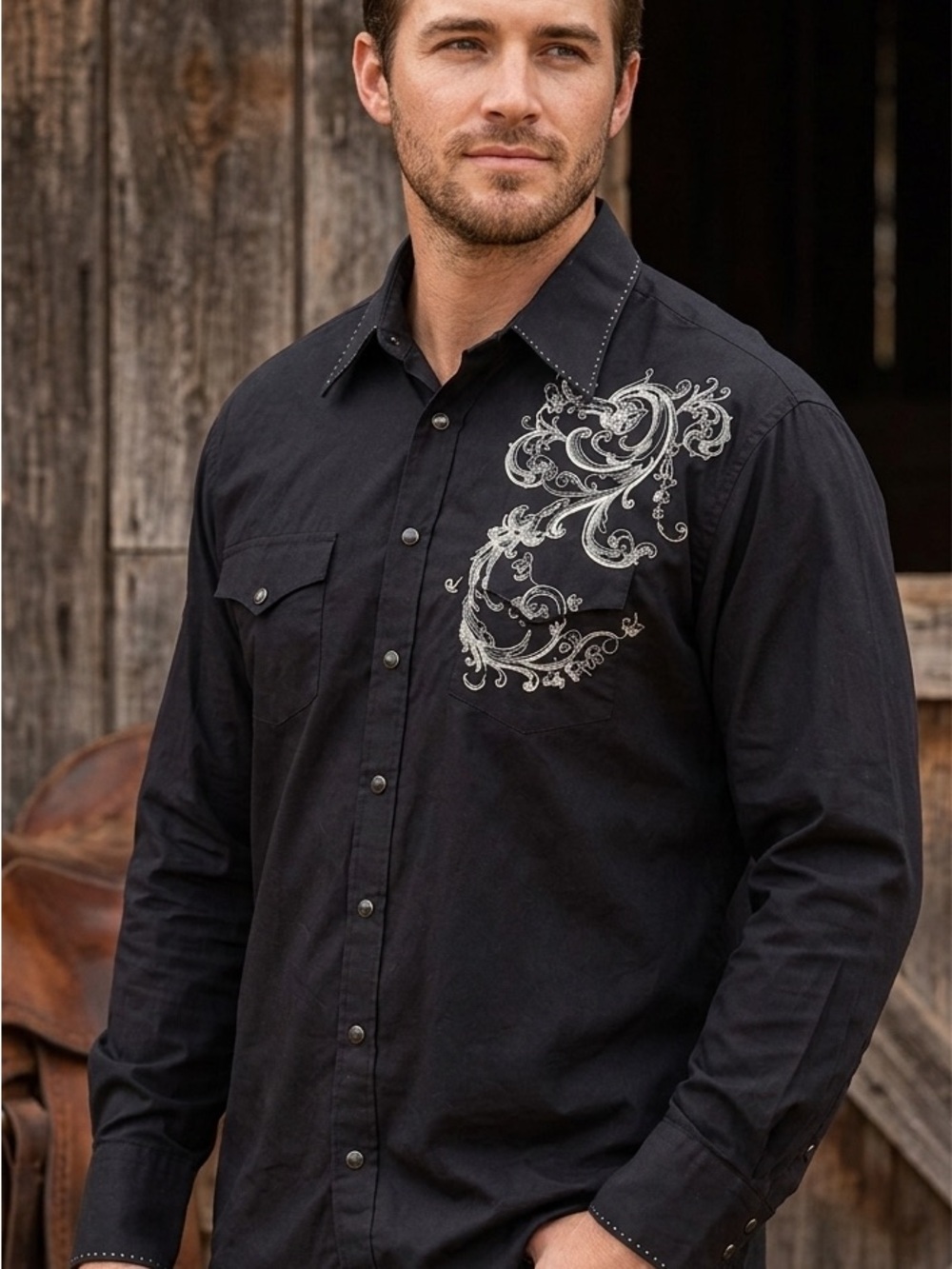 Rock & Roll Cowboy Men's Black Embroidered Filigree Snap Front Western Shirt XXL